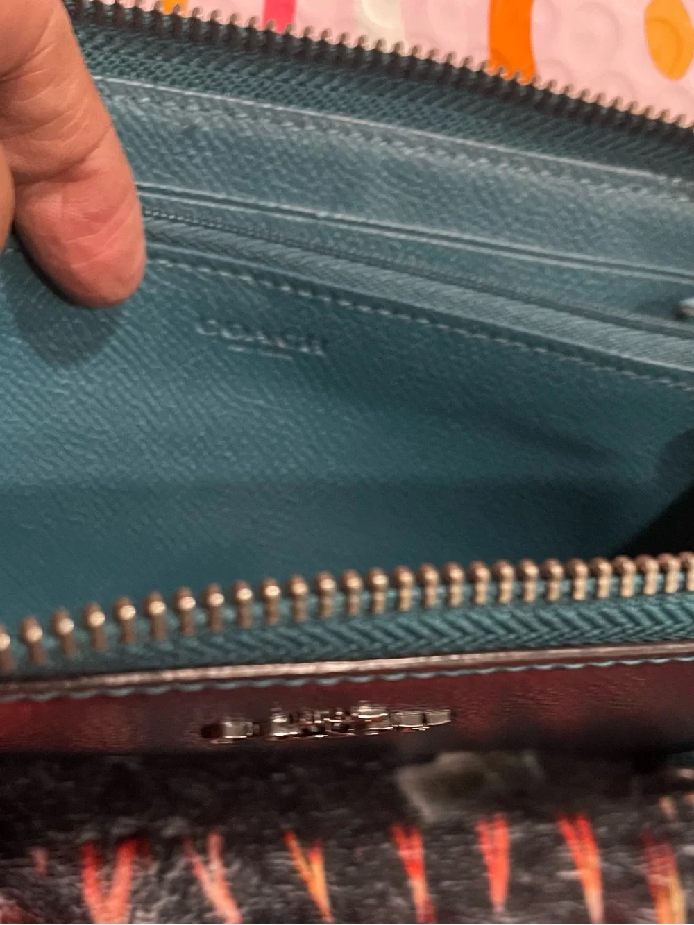 Coach Metallic Teal Pebbled Leather Zip Wallet with Gun Metal Logo & Zipper